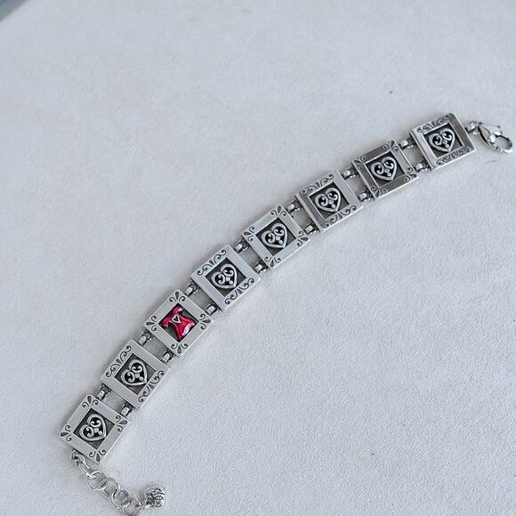 Brighton Red Dress Square Link Bracelet Silver Plated Vintage Retired 7.25-8.25" - Picture 5 of 6